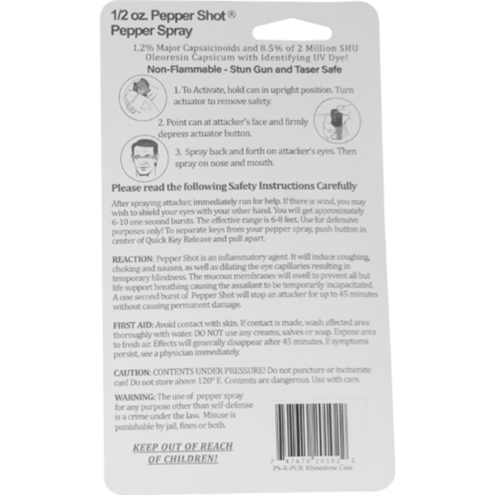 Pepper Shot 1.2% MC 1/2 oz rhinestone leatherette holster and quick release keychain purple view 2